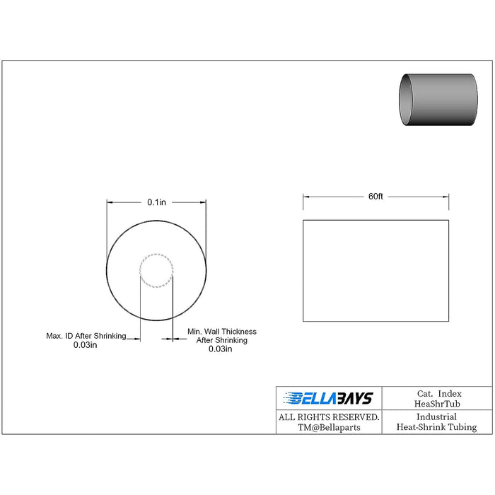 3 32 Inch Heat Shrink Tubing 2.38mm 60Ft 18.3m dimensions