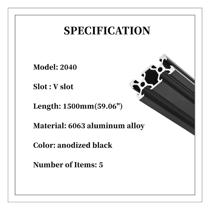 1500mm 2040 Black V-Slot Aluminum Extrusion