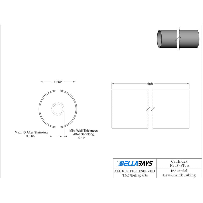 4:1 Ratio 1-1/4 Inch (31.75mm) 60 Ft (18.3m) Black Heat Shrink Tubing dimensions