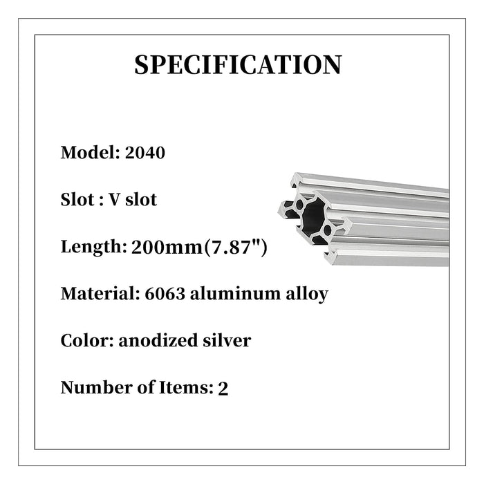 2Pcs 7.87inch/200mm 2040 Anodized Silver V-Slot Aluminum Extrusion