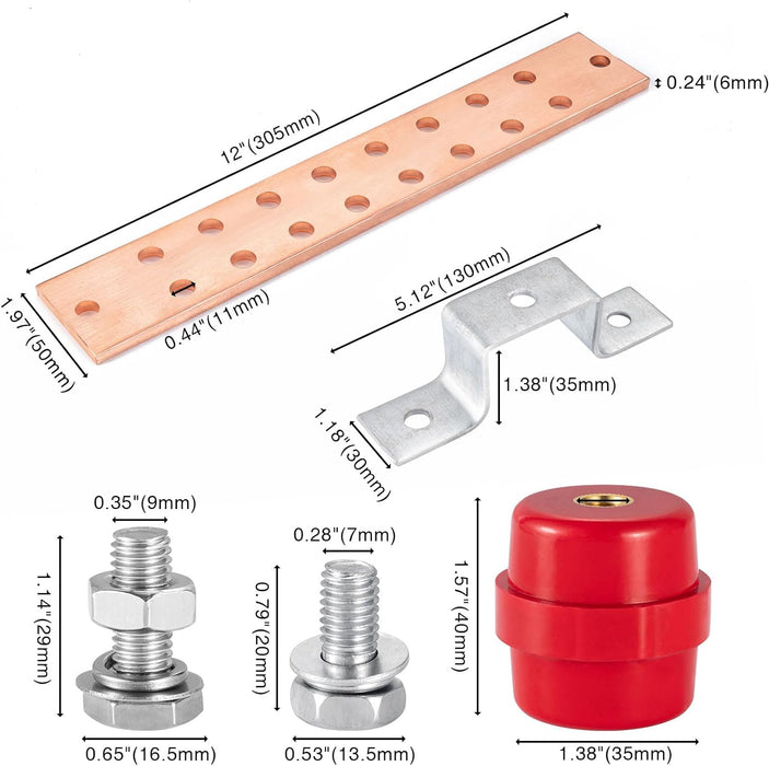 0.24"x 1.97"x 12" Classic Electrical Copper Ground Bus Bar Kit, 16 x 0.44"(7/16") Terminal Positions