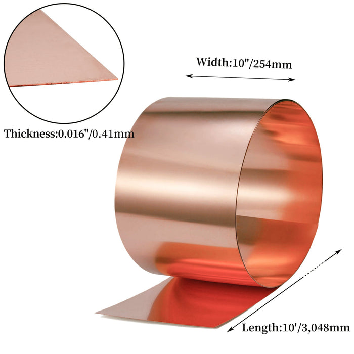 16 Mil 26 Gauge(0.016"/0.41mm) Thickness, 10in x 10ft Annealed 99.9% Pure Copper Flashing